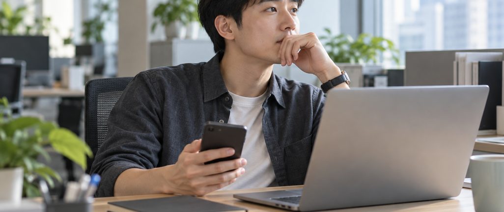工作间隙拿着手机的上班族