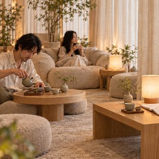 客人在矮桌边自己泡茶
