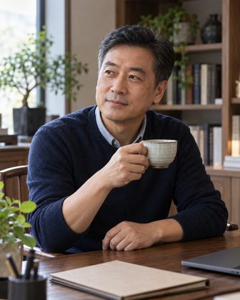 在书房喝茶的企业主