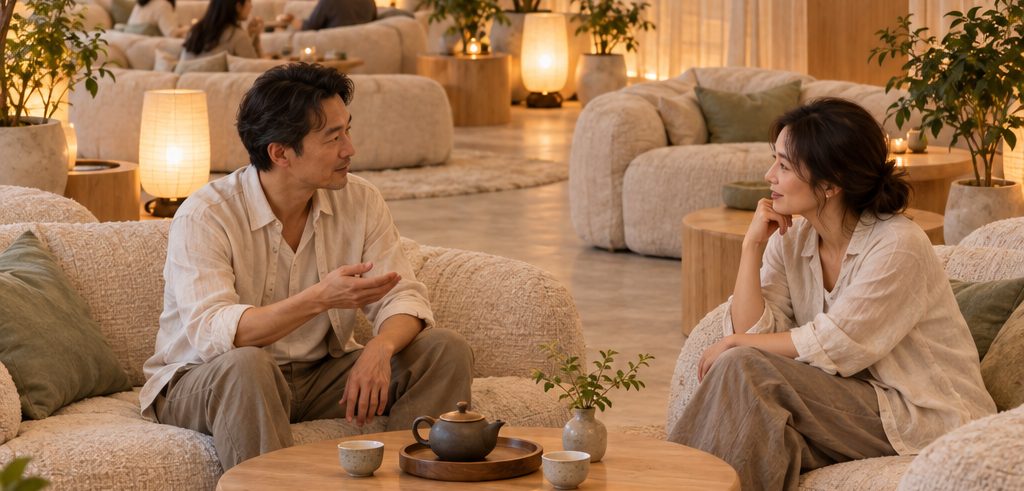 两位客人在茶叙区喝茶交谈