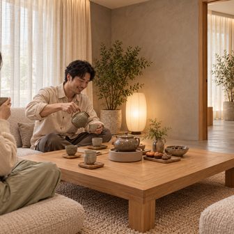 包间里围桌煮茶