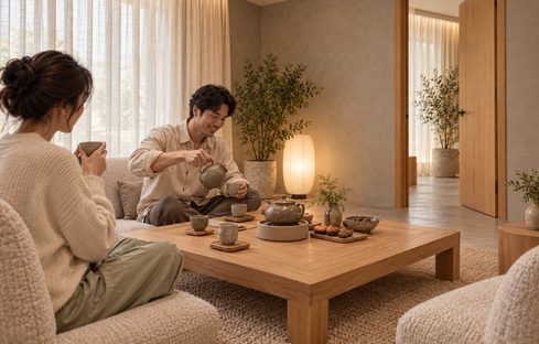 包间里围桌煮茶