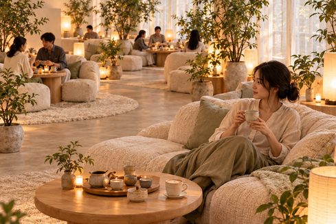 茶叙区里喝茶的客人