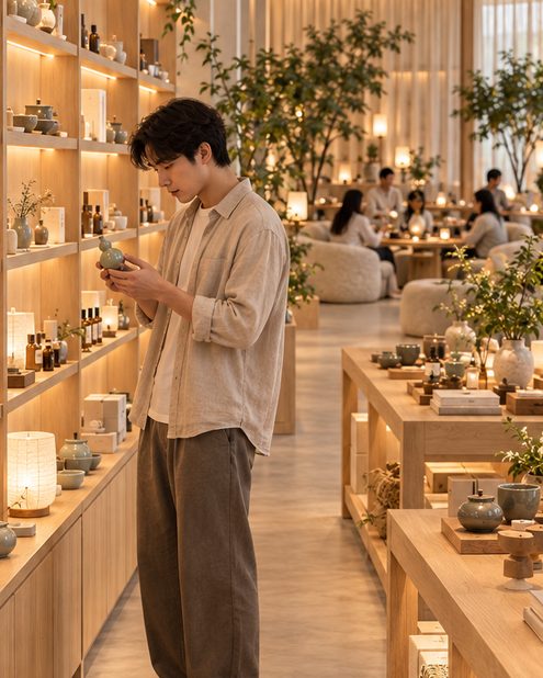 在好物区端详青瓷小物的年轻人